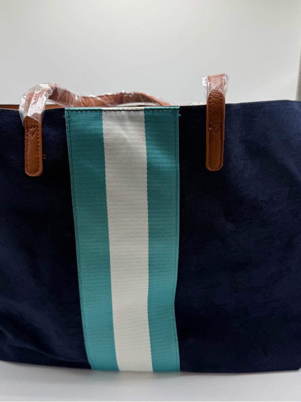 Neiman Marcus Navy Tote with Teal & White Center Stripe and Brown Handles